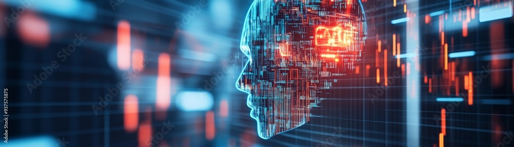 Poster futuristic digital human head with data visualization and circuit overlay, representing ai and techn