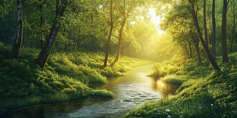 Obraz premium Sunlit river meandering through lush spring forest, nature scenic landscape