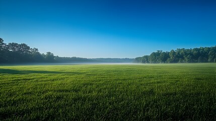 Obraz premium Expansive green meadow under a clear blue morning sky with ample copy space