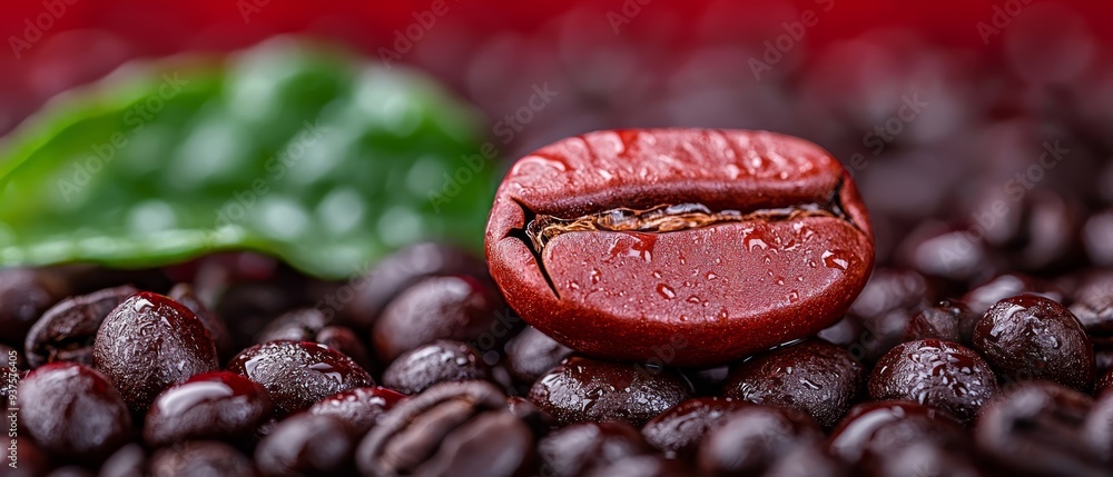 Sticker  A red bean with a green leaf overhead, and water droplets on its surface