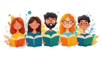 Illustration of Diverse Group of Children Reading Books