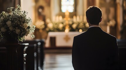 A groom dressed in a smart formal suit stands at the altar of a grand elegant church