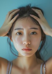 Portrait of a Young Asian Woman with Wet Hair Holding her Hair