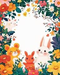Cute animals surrounded by colorful flowers create joyful and playful scene. characters express happiness and friendliness, inviting sense of warmth and cheer. 