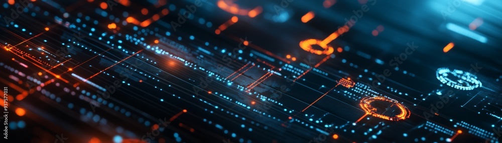 Poster futuristic digital interface with glowing blue and orange abstract technology patterns for cybersecu
