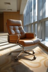 Fototapeta premium High angle footage of an empty executive chair in a large office space AI generated illustration