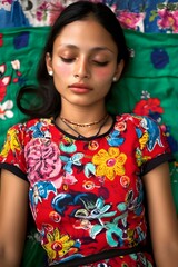 Fototapeta premium Portrait of a Young Woman Wearing Colorful Floral Dress