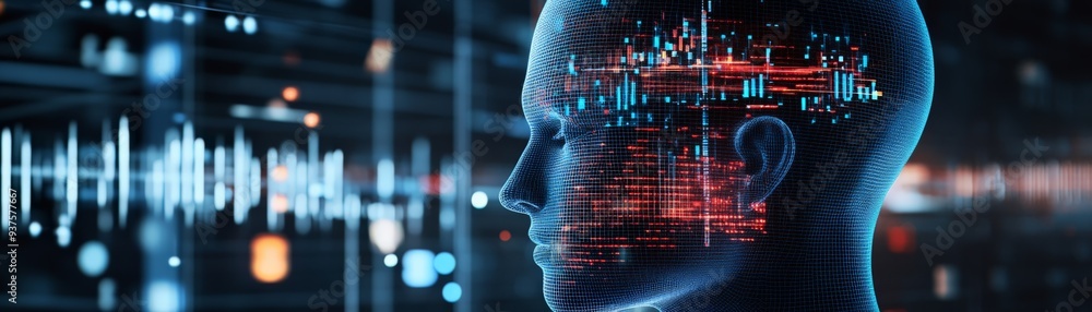 Poster futuristic digital representation of human head with data visualization, symbolizing artificial inte