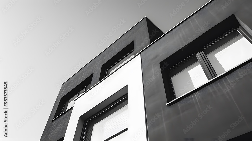Aufkleber high contrast macro image of a modern standalone house with minimalistic windows and textures ai gen