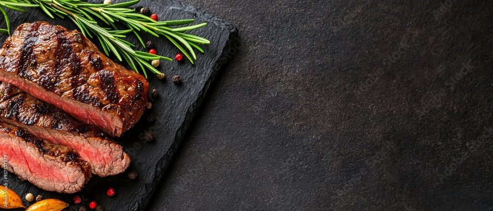 Poster  A steak sits atop a slate cutting board, accompanied by a knife and a peppercorn sprig