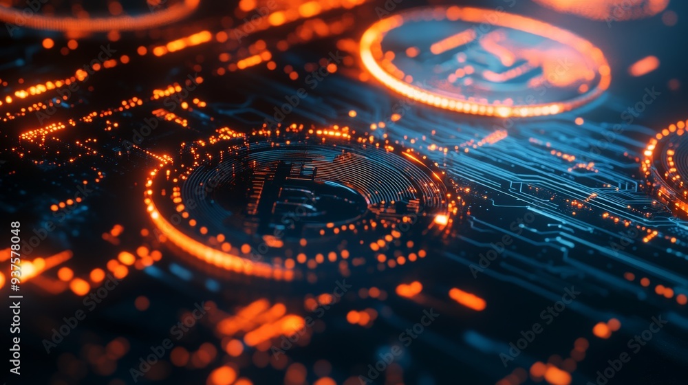 Poster futuristic digital technology concept with illuminated circuit board elements and glowing abstract p