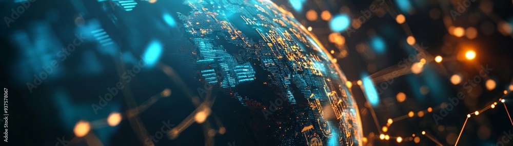 Poster futuristic digital visual of earth with interconnected data points, glowing lights, and network conn
