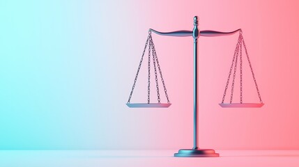 A modern scale of justice symbolizing balance, fairness, and law against a gradient backdrop of pink and blue.