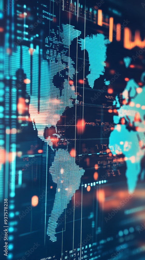 Poster futuristic digital world map with data visualization. blue and orange lights represent global connec