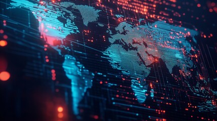 Futuristic digital world map with glowing data points and abstract technological elements, representing global connectivity and data networks.