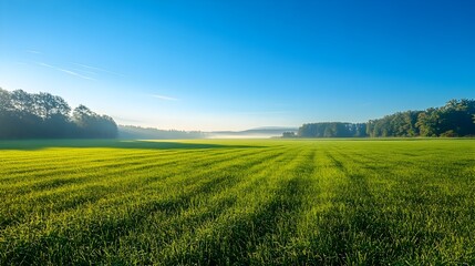 Early Morning Serene Landscape of Vast Green Meadow Blue Sky and Rolling Hills