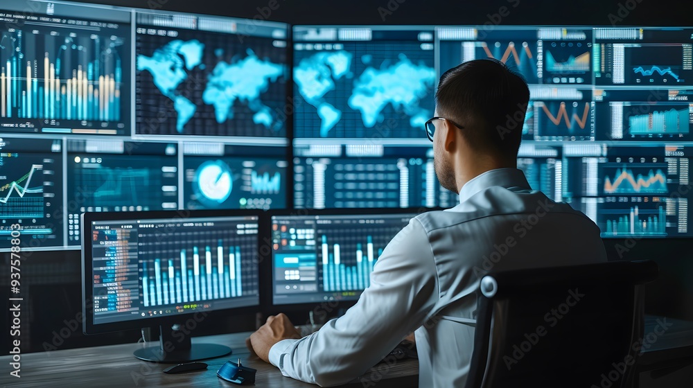 Poster highly sophisticated data management system with kpi metrics and an analyst coordinating it ai gener