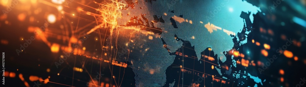Poster futuristic digital world map with glowing lights and data streams, representing global connectivity 