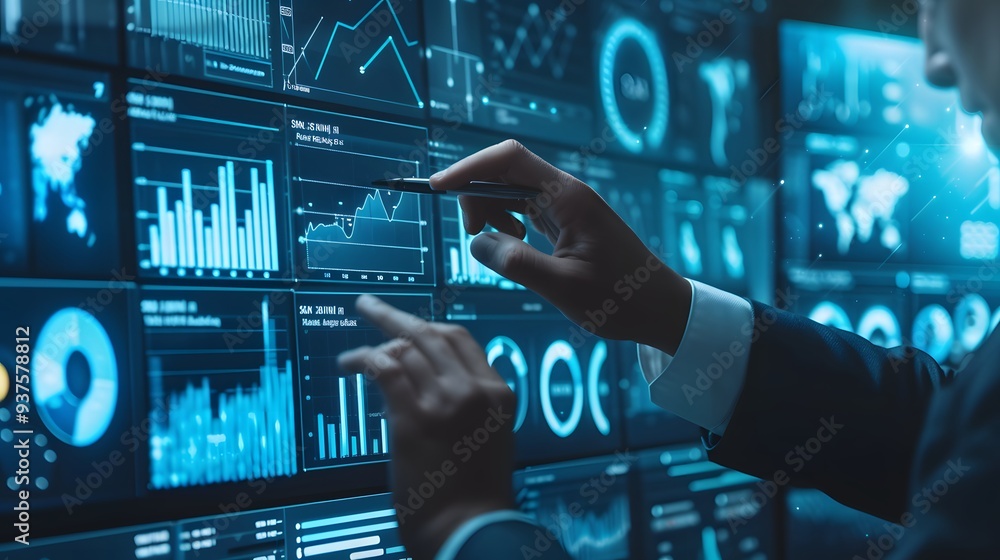 Poster highly sophisticated data management system with kpi metrics and an analyst coordinating it ai gener