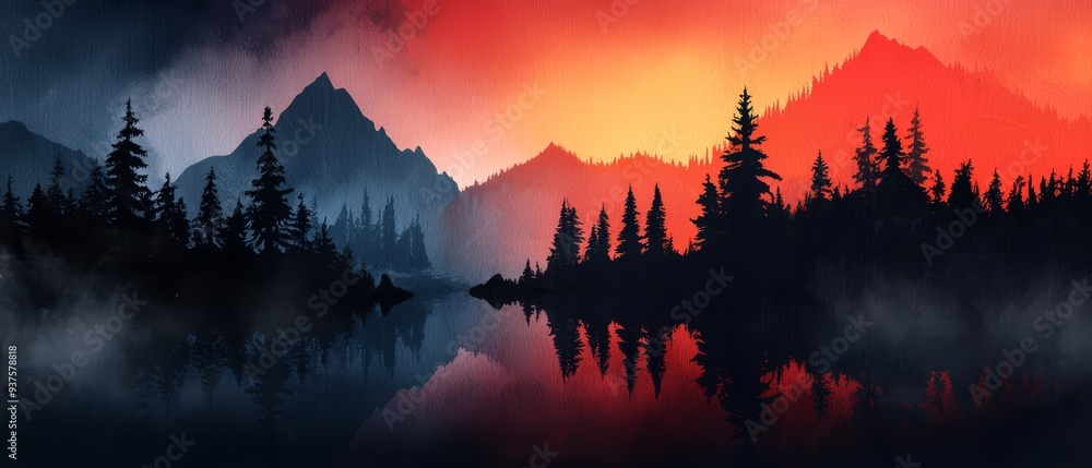 Wall mural  A painting of a mountain lake with trees lining its shores, a red sun setting behind, and clouds scattering across the sky