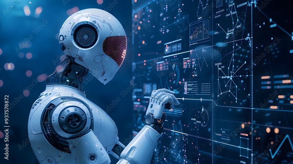 Poster high-tech depiction of smart robots interpreting human activities for data analysis ai generated ill