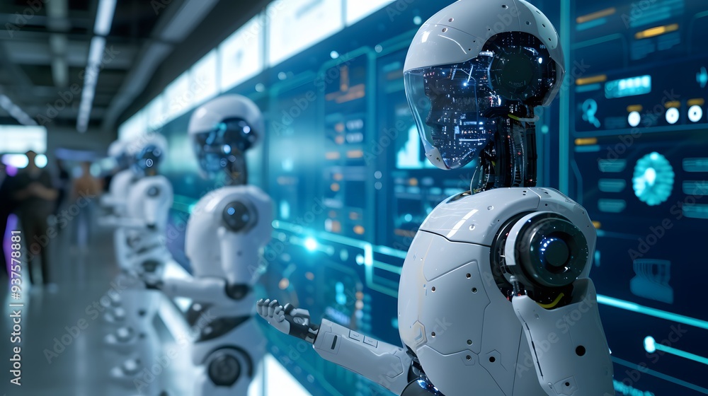 Poster high-tech depiction of smart robots interpreting human activities for data analysis ai generated ill