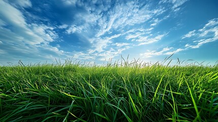 Beautiful Expansive Green Meadow Under Bright Blue Cloudy Sky in Tranquil Natural Setting