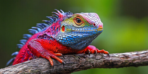 A brightly colored chameleon on a tree branch.