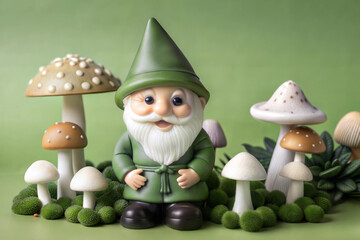 Adorable Garden Gnome Statue Surrounded by Mushrooms in Lush Green Setting