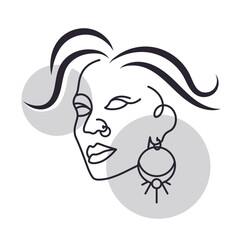 Beautiful female face drawn with line art wearing jewelry. Glamorous woman sketch used in fashion posters or as a logo for a beauty salon. face doodle artwork. 