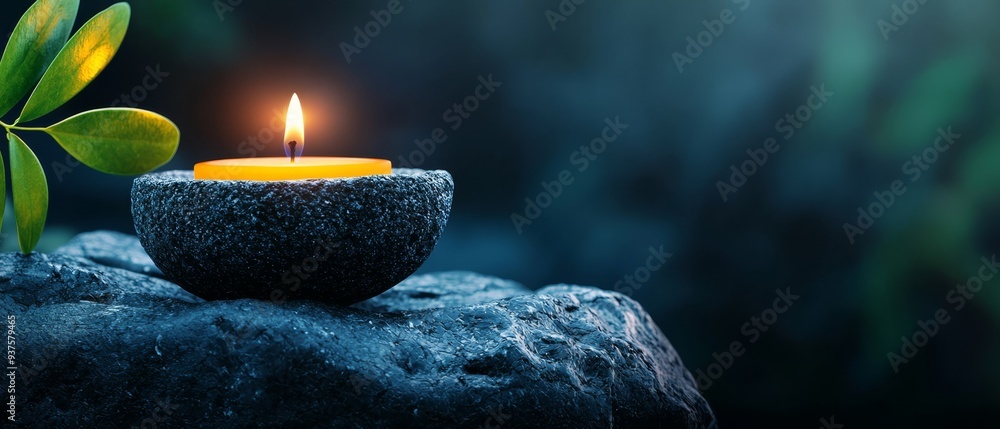 Poster a lit candle atop a rock, adjacent to a plant with a verdant leaf