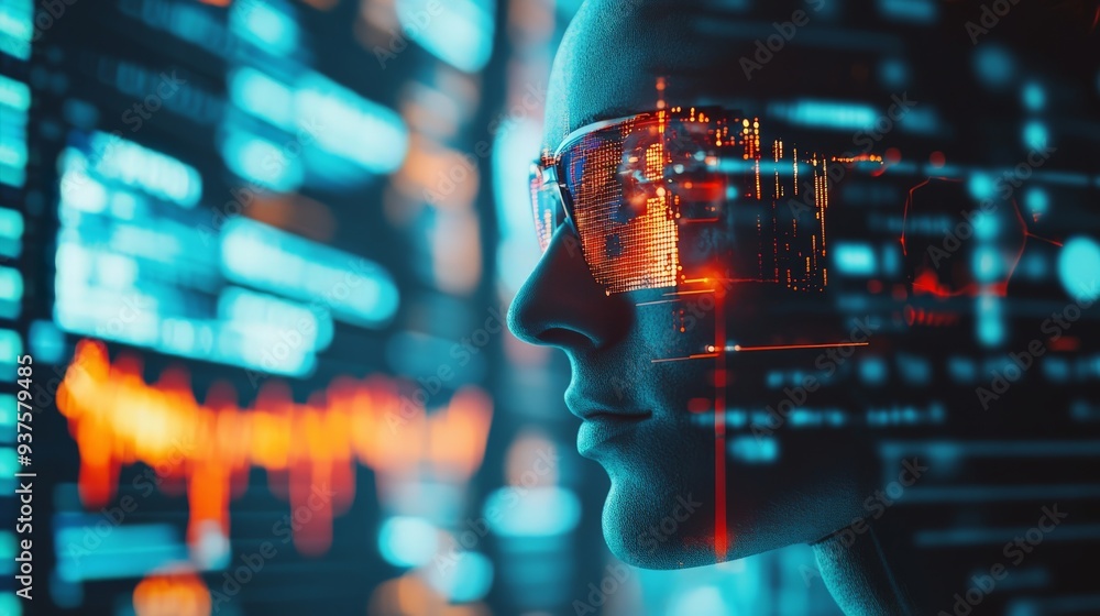 Poster futuristic image of a person in smart glasses analyzing digital data and charts on screens, symboliz