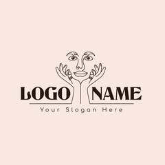 Woman hands and face line art logo for cosmetic and fashion brands. Use as a background for art projects. or as a wall art in a beauty salon. 