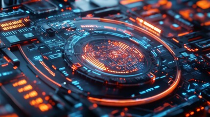 Futuristic motherboard with glowing circuits and intricate details, showcasing advanced technology and innovation. High-tech digital concept.