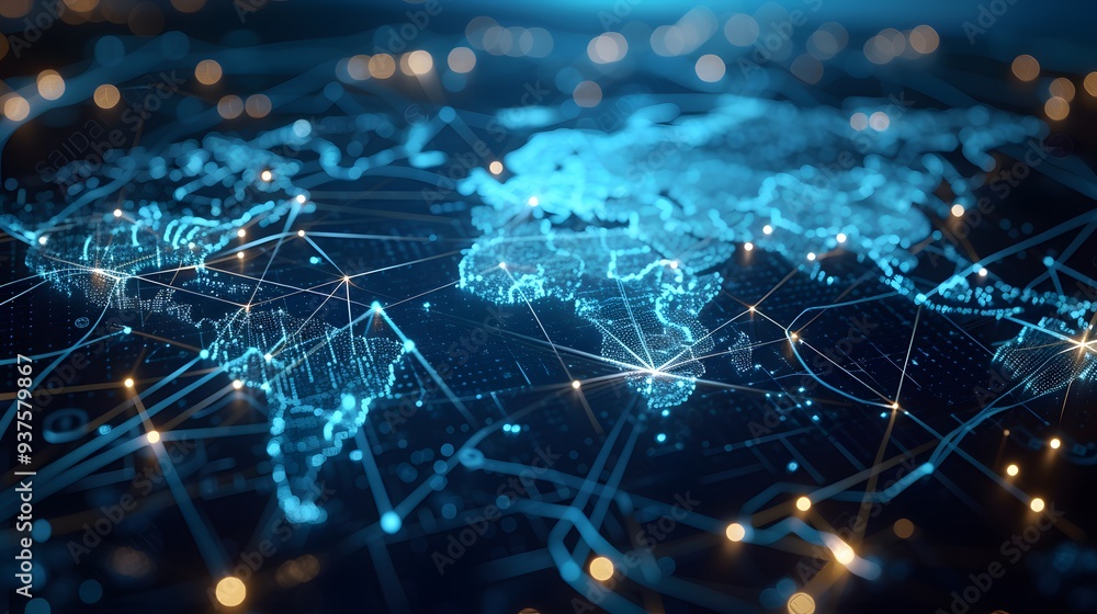 Poster illustrate a global network where the flow and exchange of big data are taking place highlighting th