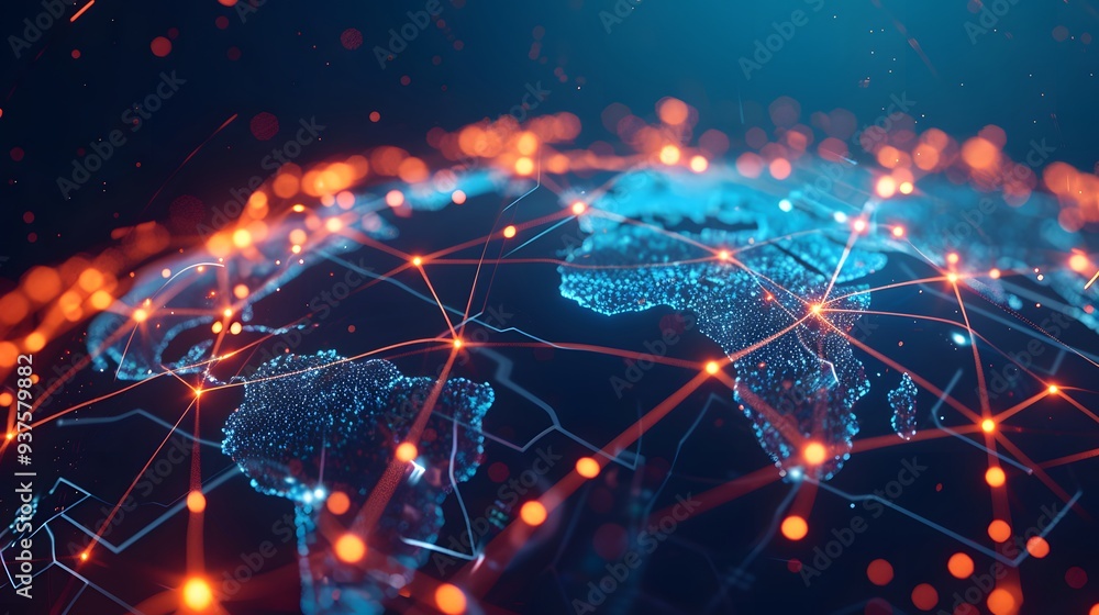 Poster illustrate a global network where the flow and exchange of big data are taking place highlighting th