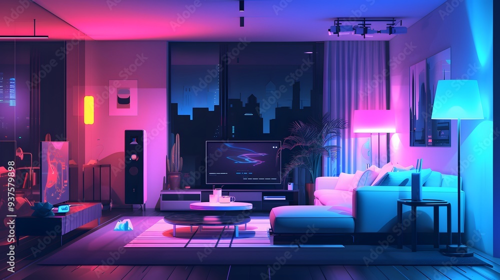 Aufkleber illustrate a living room set in the far future where ai and data analysis are commonplace existing w