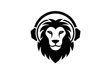 Lion with headphone logo icon design silhouette vector illustration