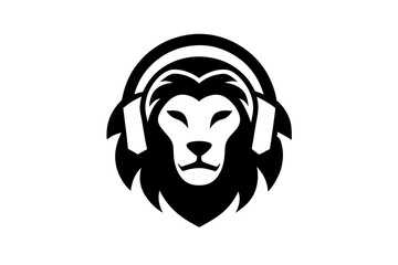 Lion with headphone logo icon design silhouette vector illustration