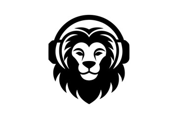 Lion with headphone logo icon design silhouette vector illustration