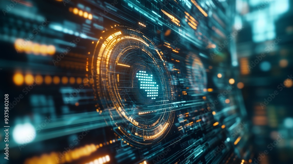 Poster futuristic technology background, showcasing a digital interface with glowing lights and interconnec