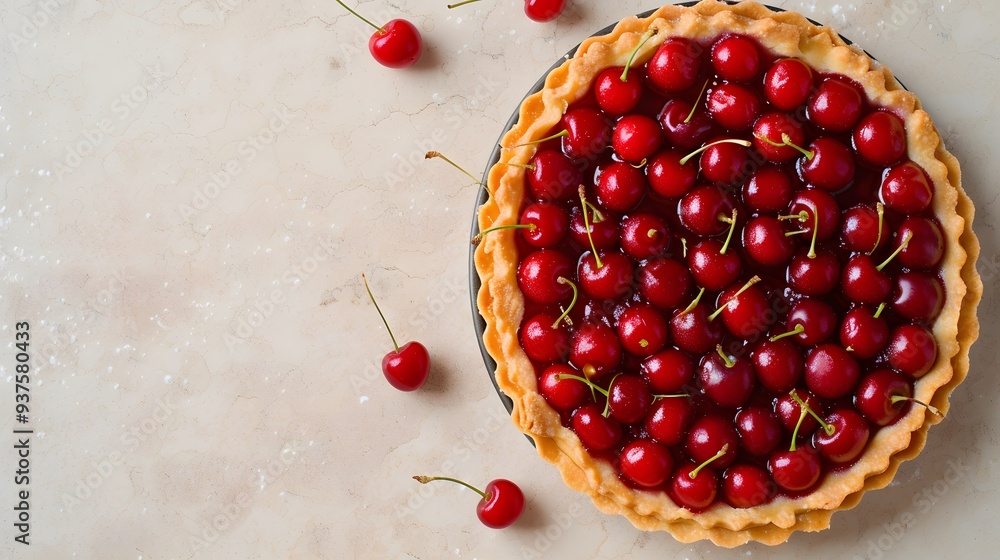 Poster image of a single cherry tart against a neutral plain background for simplicity ai generated illustr