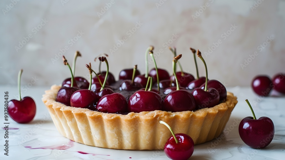 Poster image of a single cherry tart against a neutral plain background for simplicity ai generated illustr