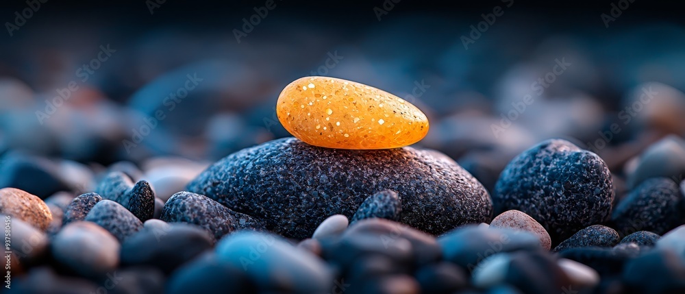 Canvas Prints  A yellow rock perches atop a mound of black rocks, speckled with water droplets