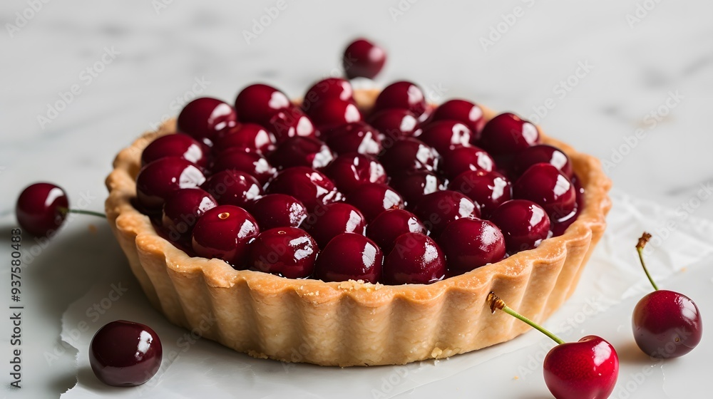 Poster image of a single cherry tart against a neutral plain background for simplicity ai generated illustr