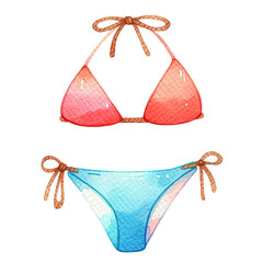 Watercolor illustration of a stylish bikini set with red top and blue bottoms. Perfect for summer fashion and beachwear designs.