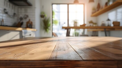 Imagine an unoccupied smooth wooden table surface with the blur of a clean modern kitchen behind it AI generated illustration