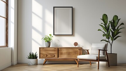 In a sleek modern room a wooden frame features a minimalistic film poster AI generated illustration