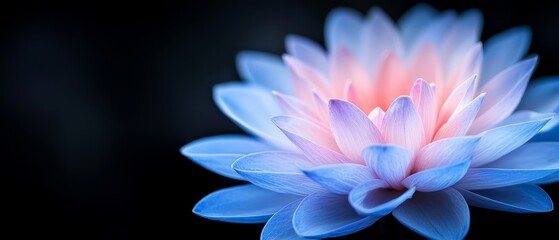  A tight shot of a pink-blue bloom against a black backdrop, surrounded by a soft, out-of-focus background