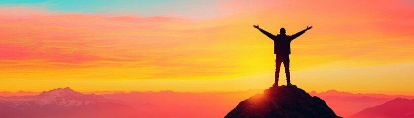 Fototapeta premium A person stands triumphantly on a mountain peak, basking in the vibrant colors of a sunset, symbolizing achievement and freedom.